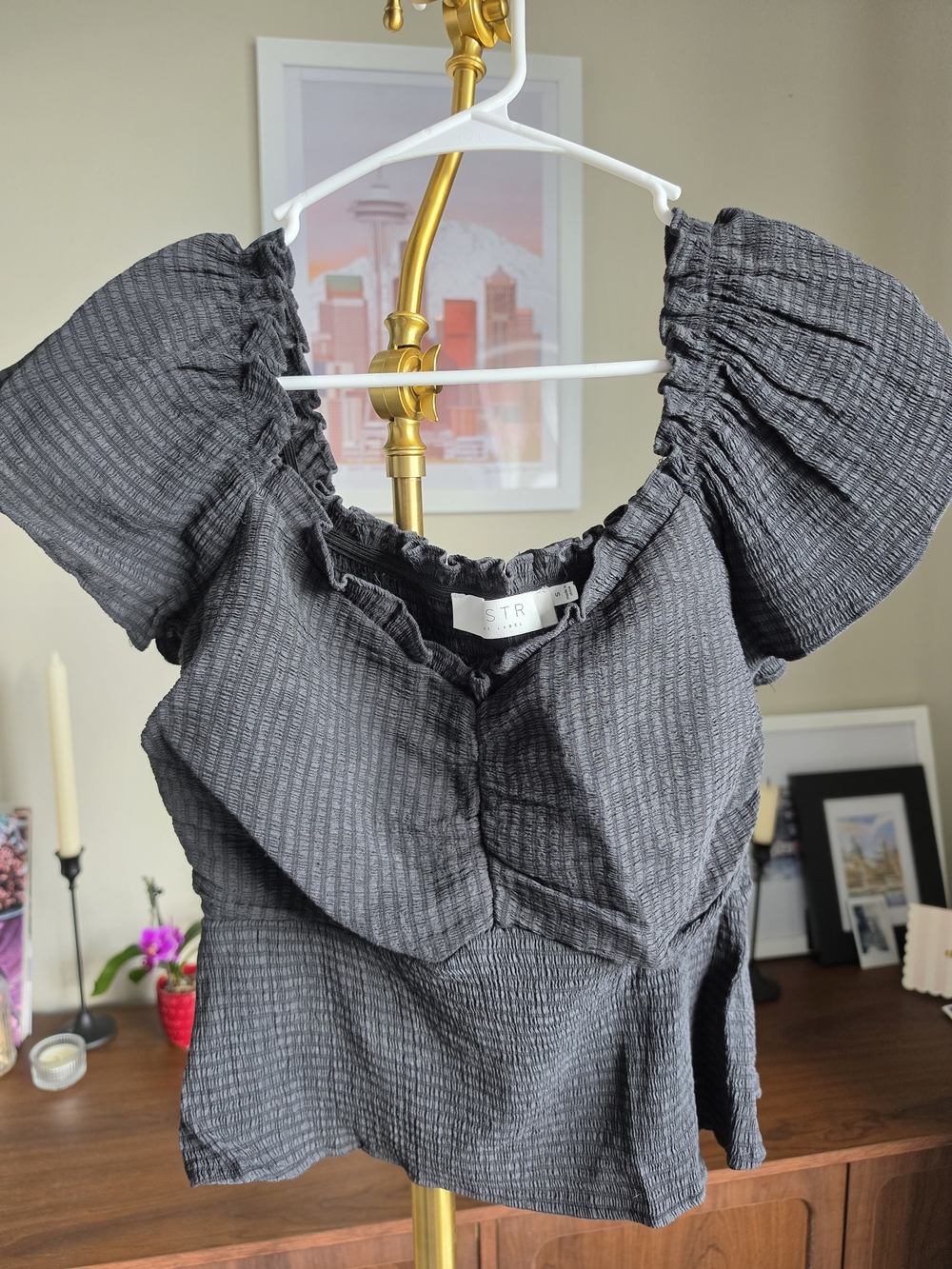 Black Textured Puff-Sleeve Top